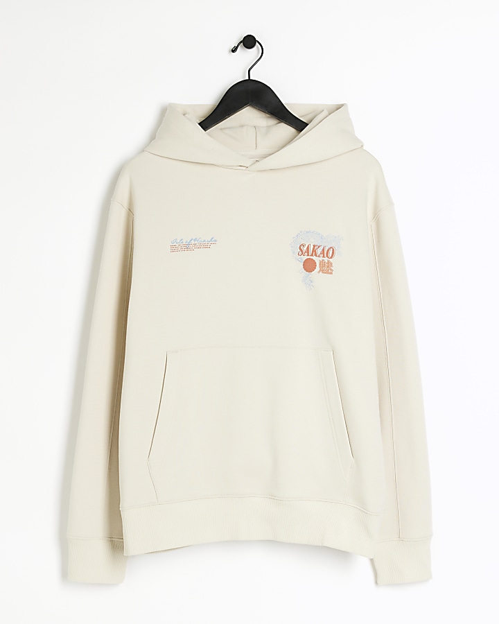 Beige regular fit embroidered hoodie