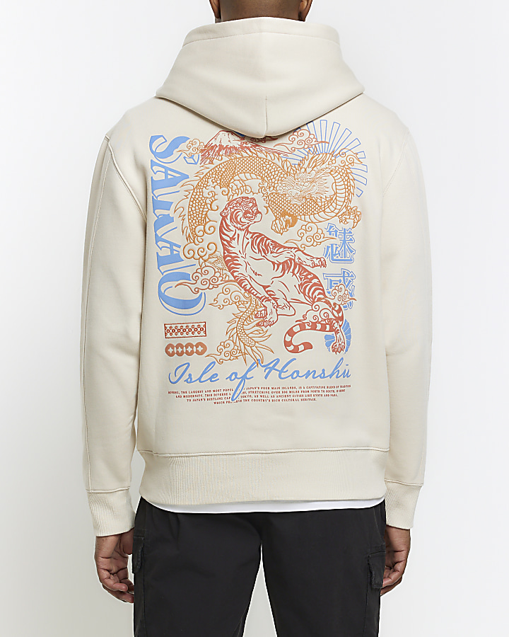 Ecru regular fit embroidered hoodie