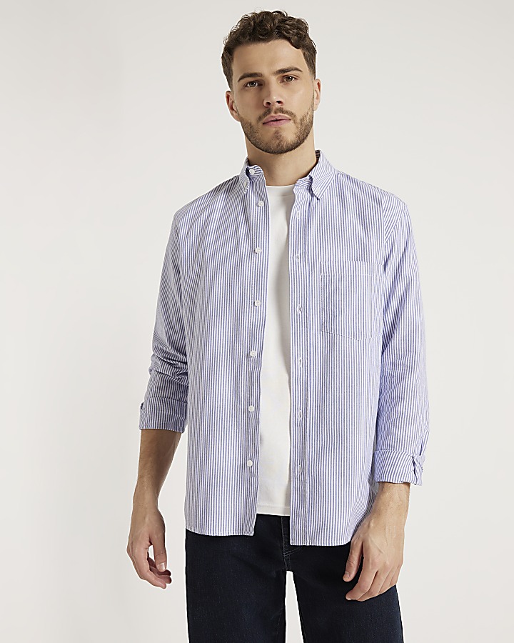 Blue regular fit striped oxford shirt