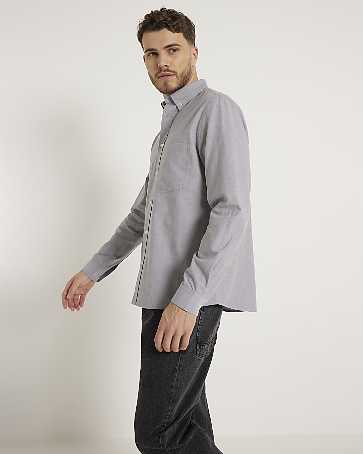 Grey regular fit long sleeve oxford shirt