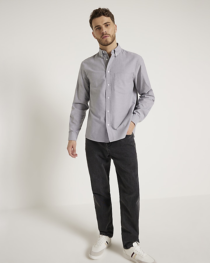 Grey regular fit long sleeve oxford shirt