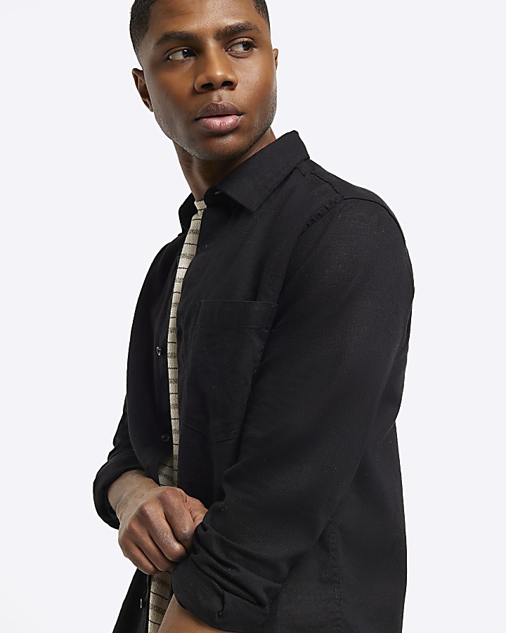 Black regular fit linen blend shirt