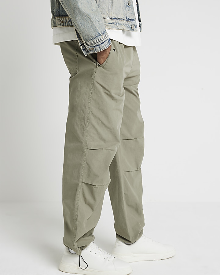 Khaki loose fit parachute cargo trousers