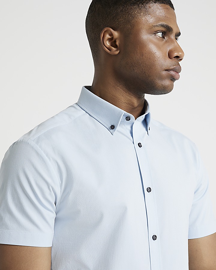 Blue muscle fit textured smart shirt