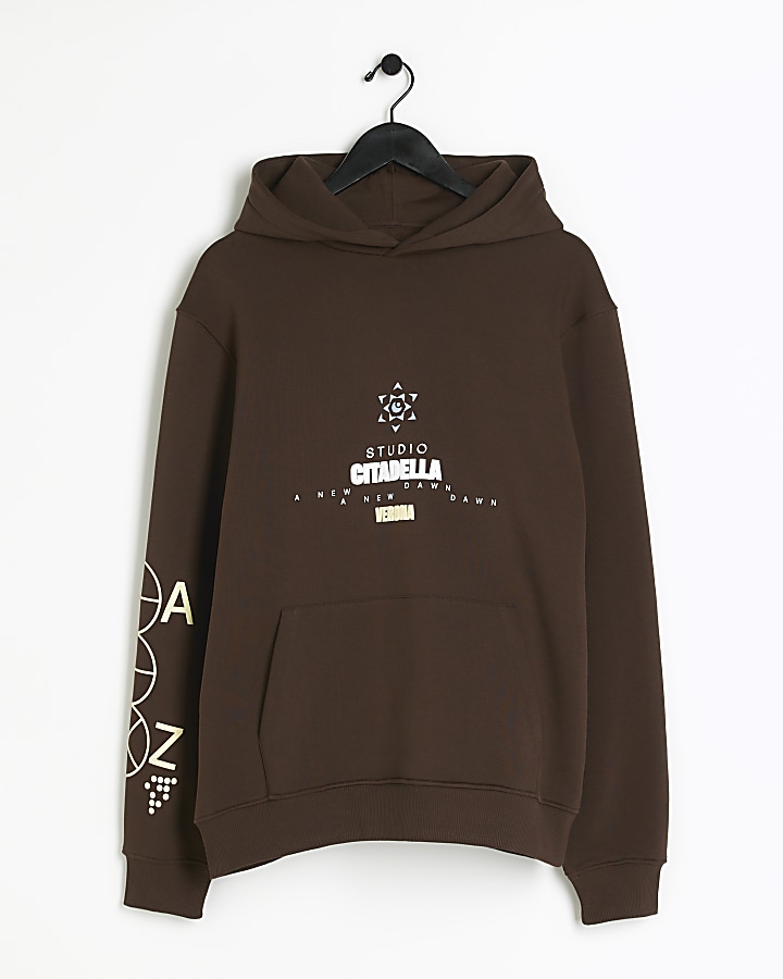 Brown regular fit graphic fit hoodie