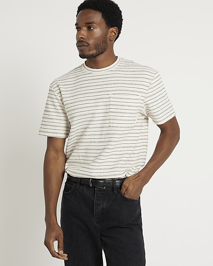 White regular fit textured stripe t-shirt