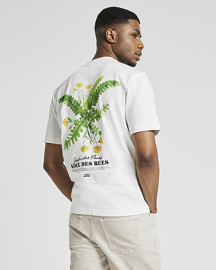 Beige regular fit graphic floral t-shirt