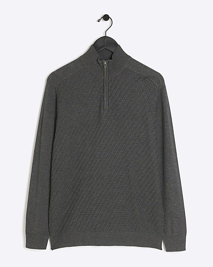 Grey slim fit cable knit half zip jumper