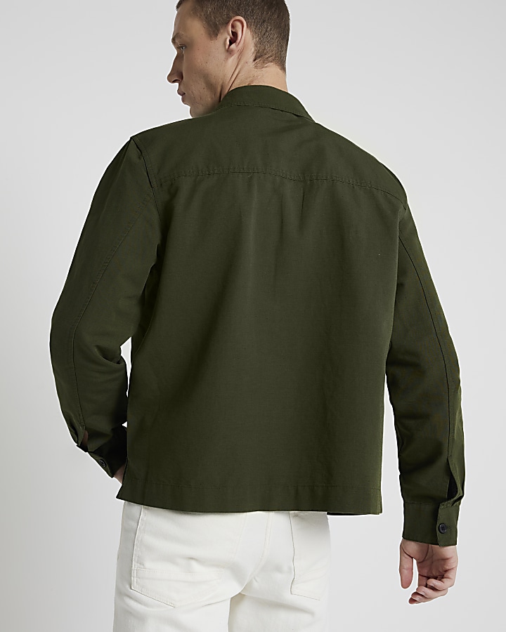 Khaki regular fit linen blend smart overshirt