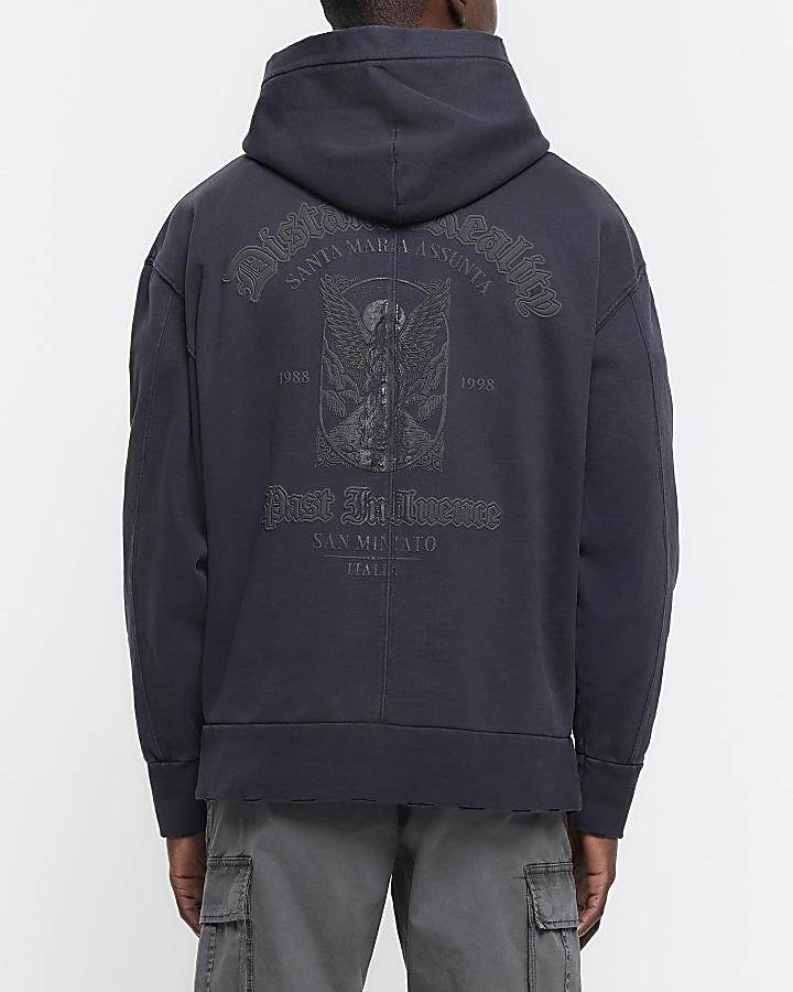 Washed black regular gothic graphic hoodie