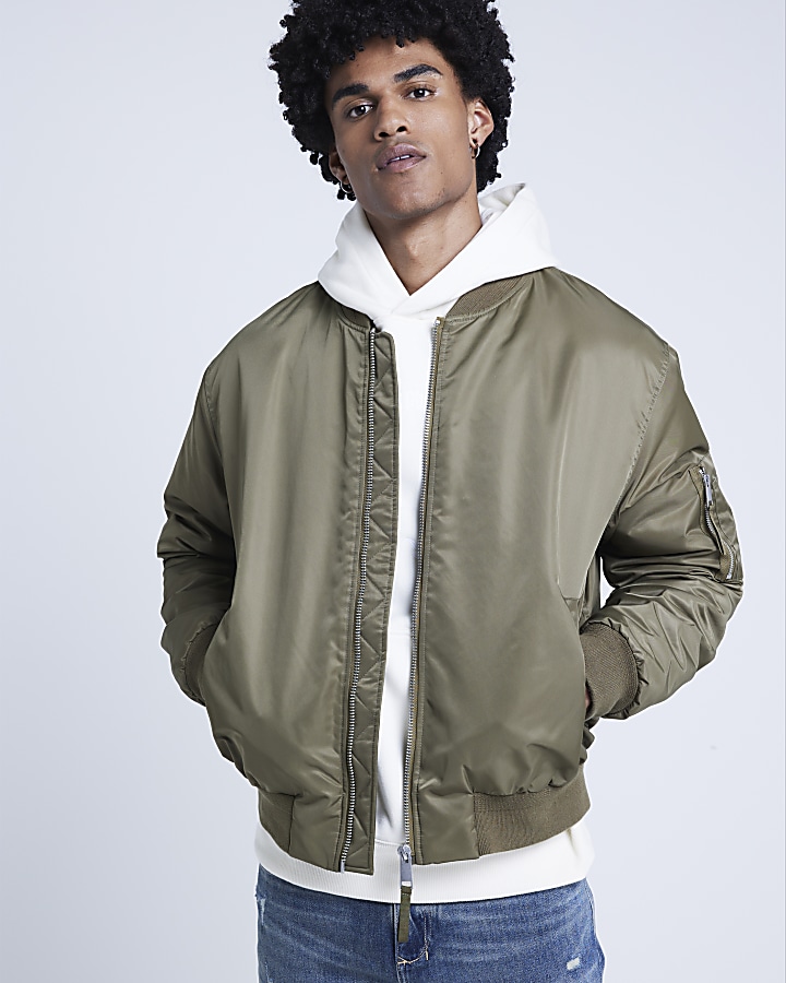 Khaki Regular Fit Bomber Jacket | River Island