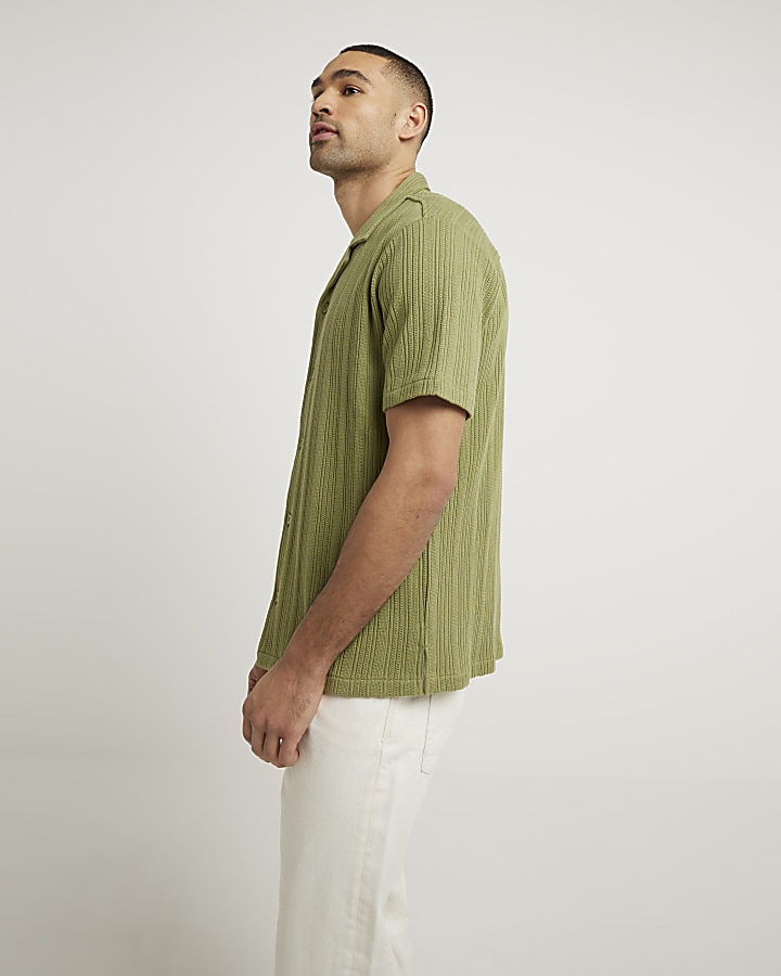 Green regular fit crochet revere shirt