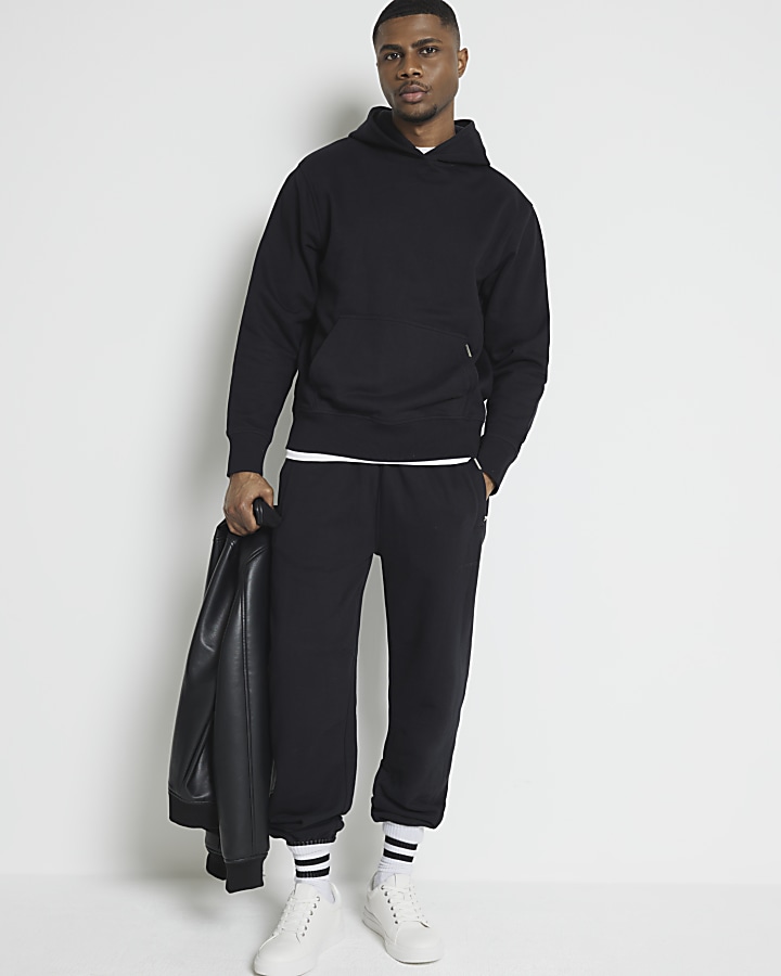 Black regular fit loopback hoodie