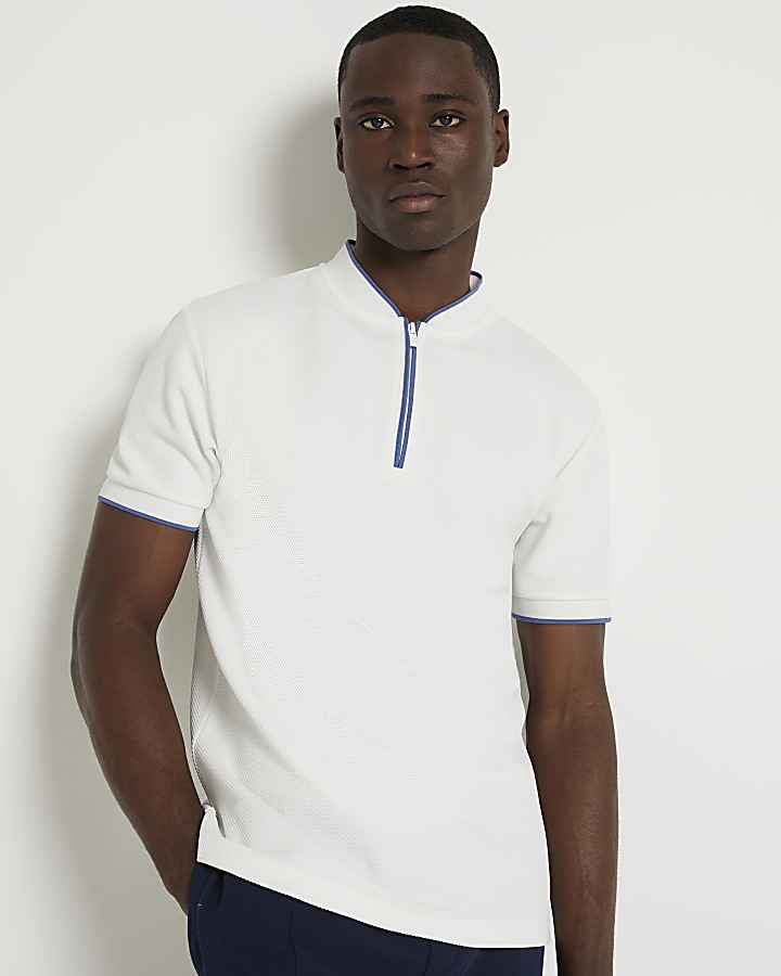 White slim fit taped short sleeve polo