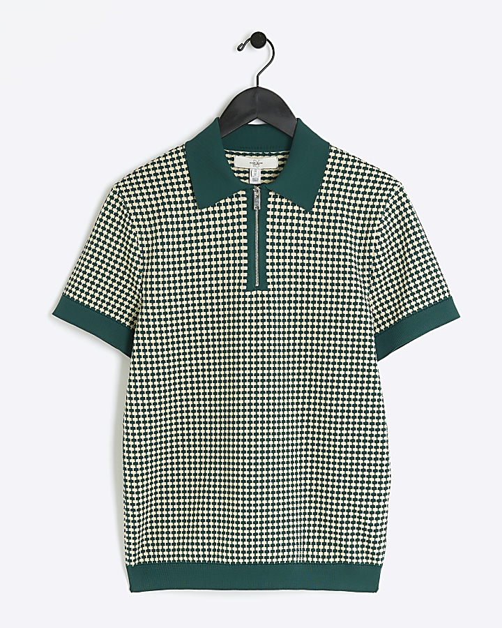 Green muscle fit knit geometric polo