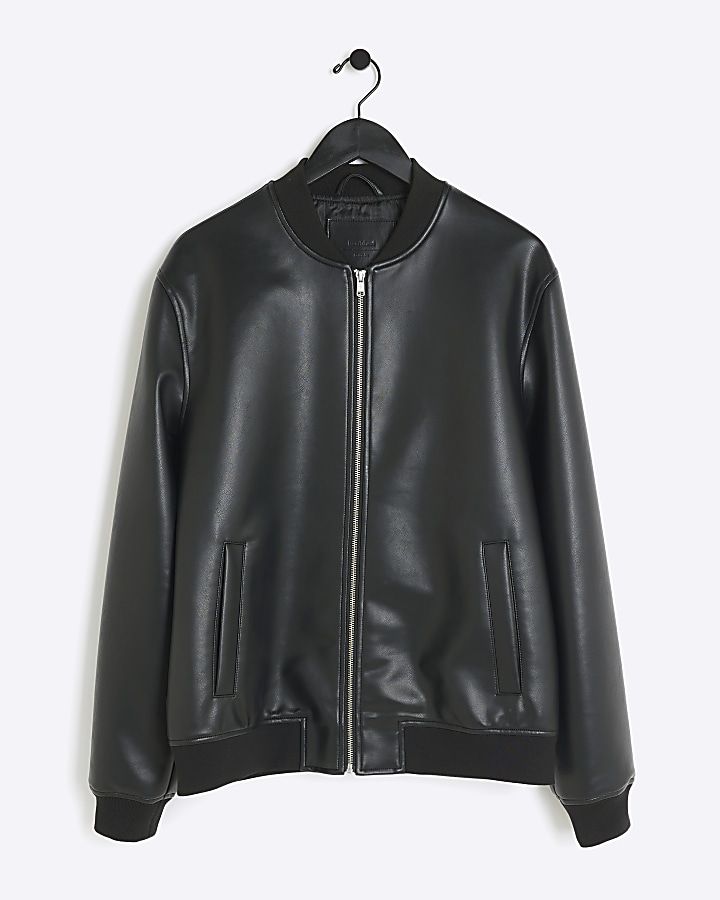 Black regular fit faux leather bomber jacket