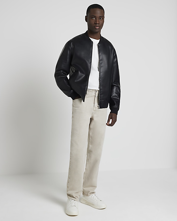 Black regular fit faux leather bomber jacket