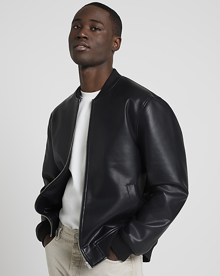 Black regular fit faux leather bomber jacket | River Island
