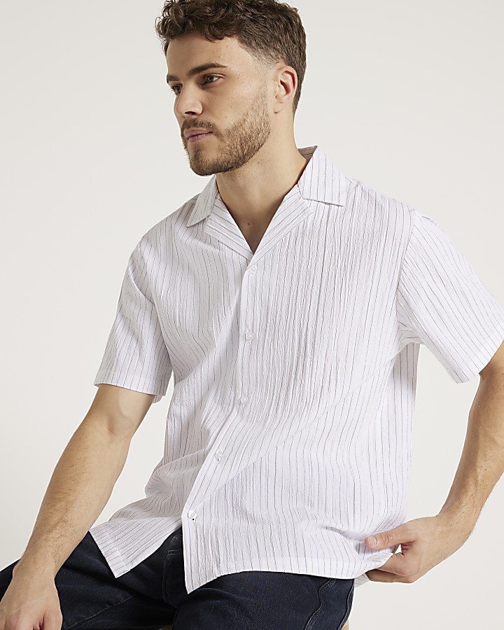 White slim fit seersucker stripe revere shirt