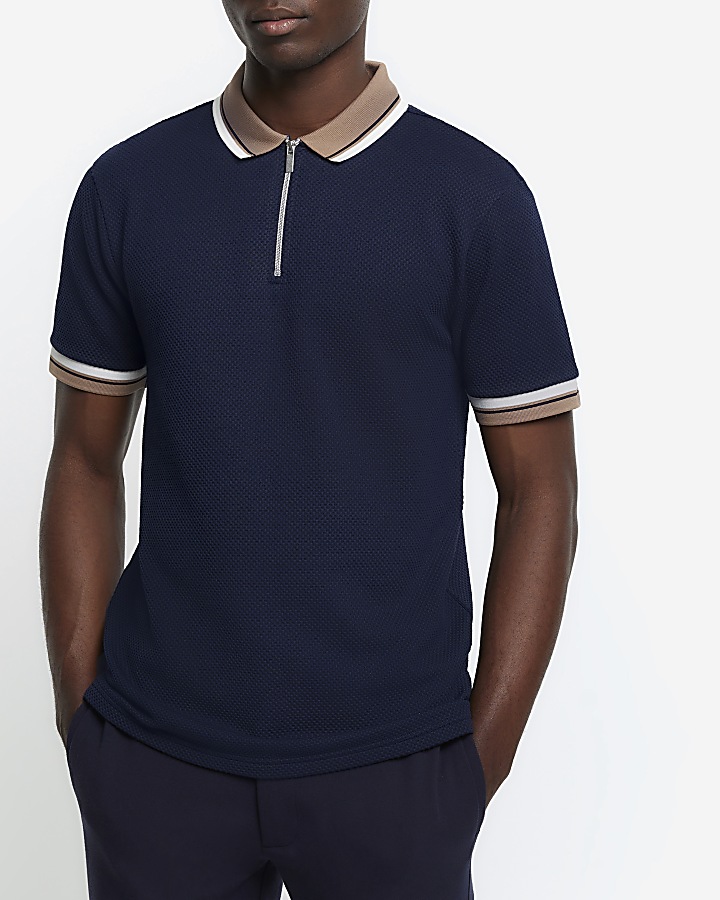 Navy regular fit textured taped polo | River Island