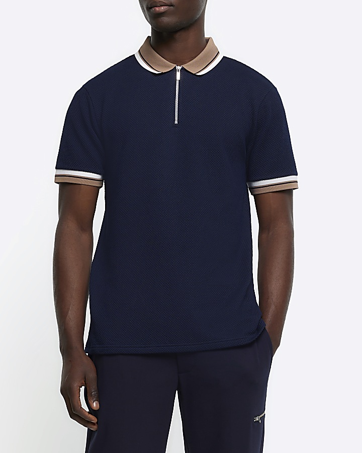 Navy regular fit textured taped polo