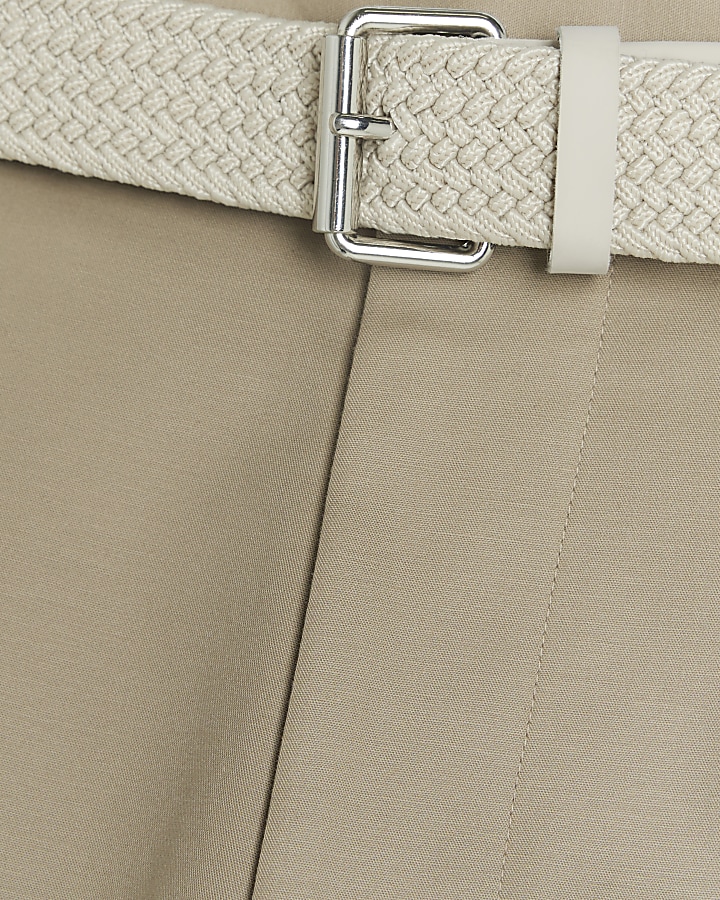 Beige slim fit belted chino trousers