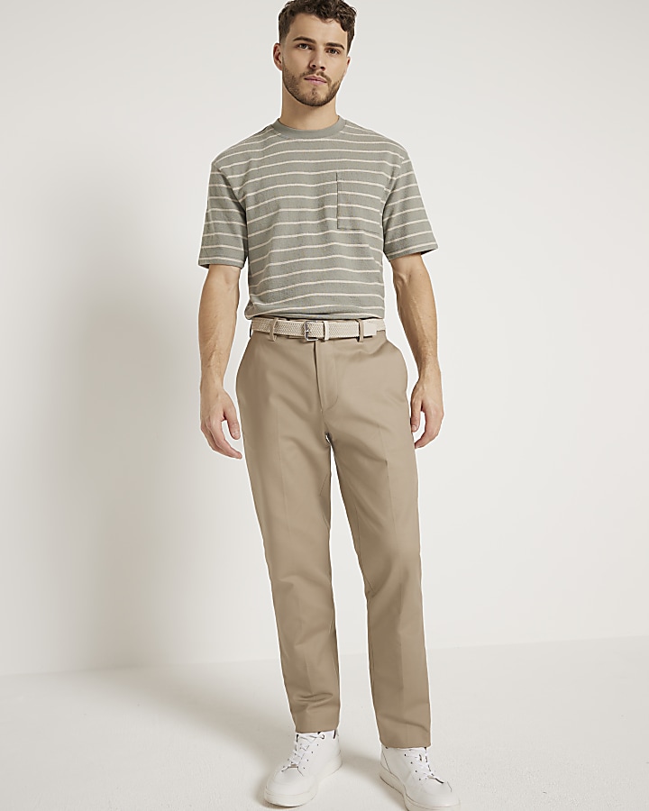 Beige slim fit belted chino trousers