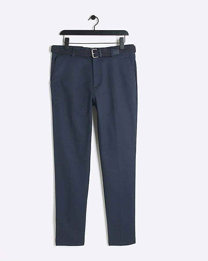 Navy slim fit belted chino trousers