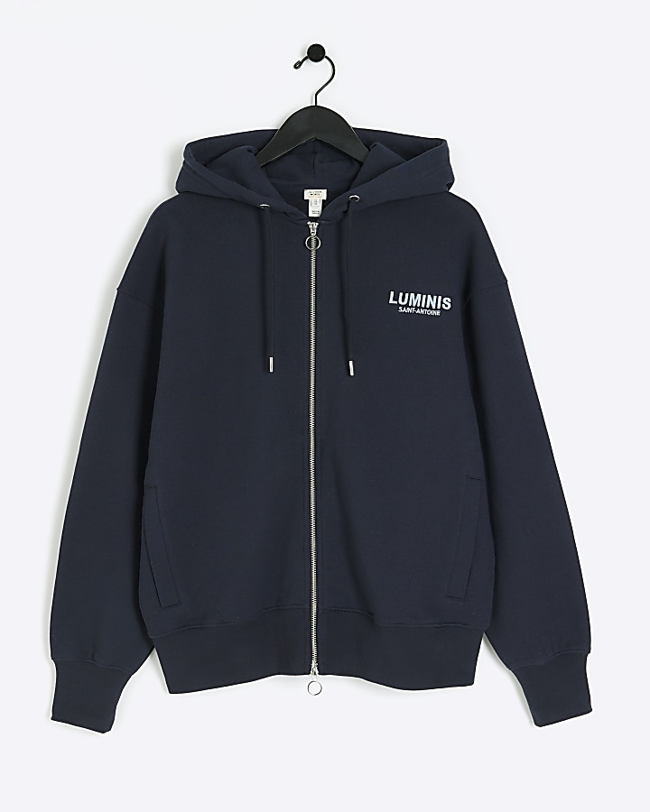 Navy oversized fit zip through hoodie