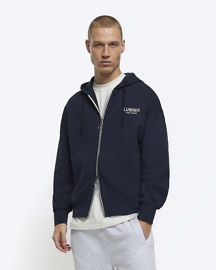 Navy oversized fit zip through hoodie