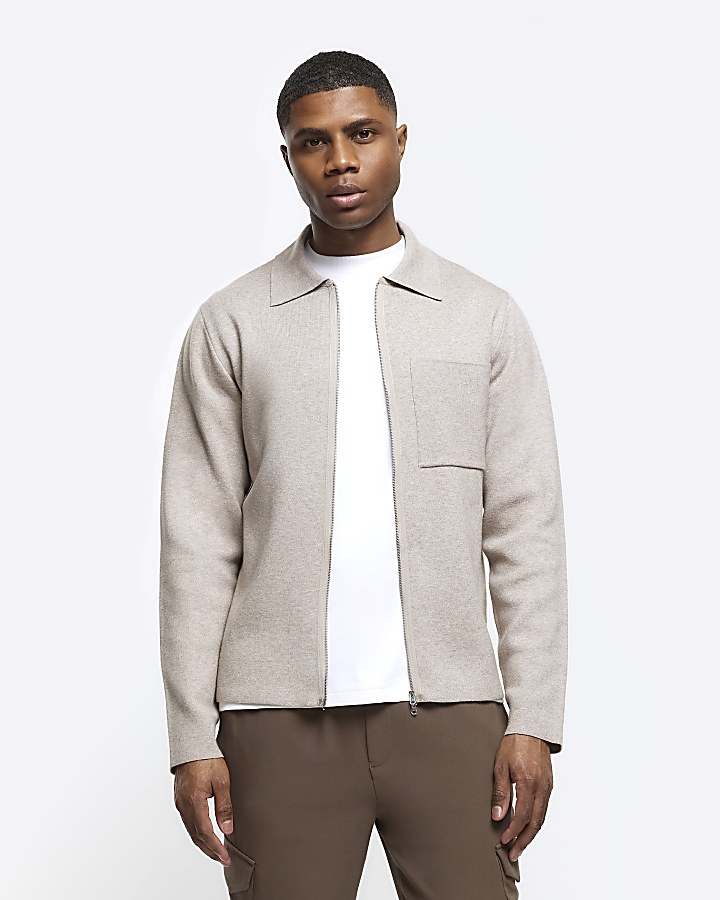 Stone regular fit knit zip up jumper