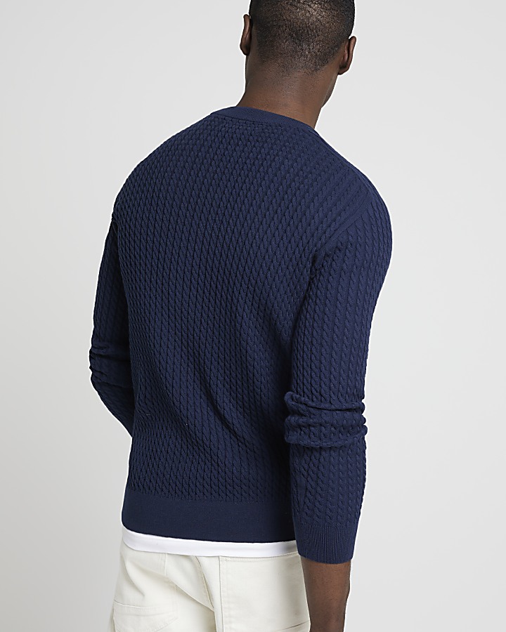 Navy slim fit cable knit jumper
