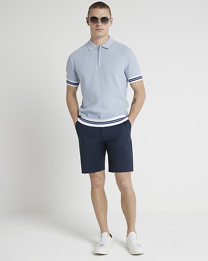 Blue slim fit knitted polo shirt