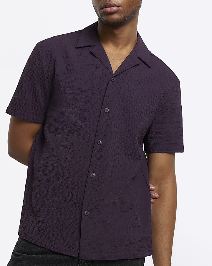 Purple regular fit seersucker revere shirt