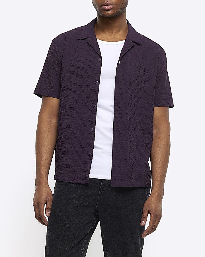Purple regular fit seersucker revere shirt