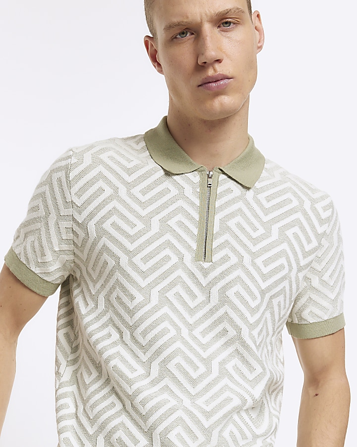 Green slim fit geometric design knit polo