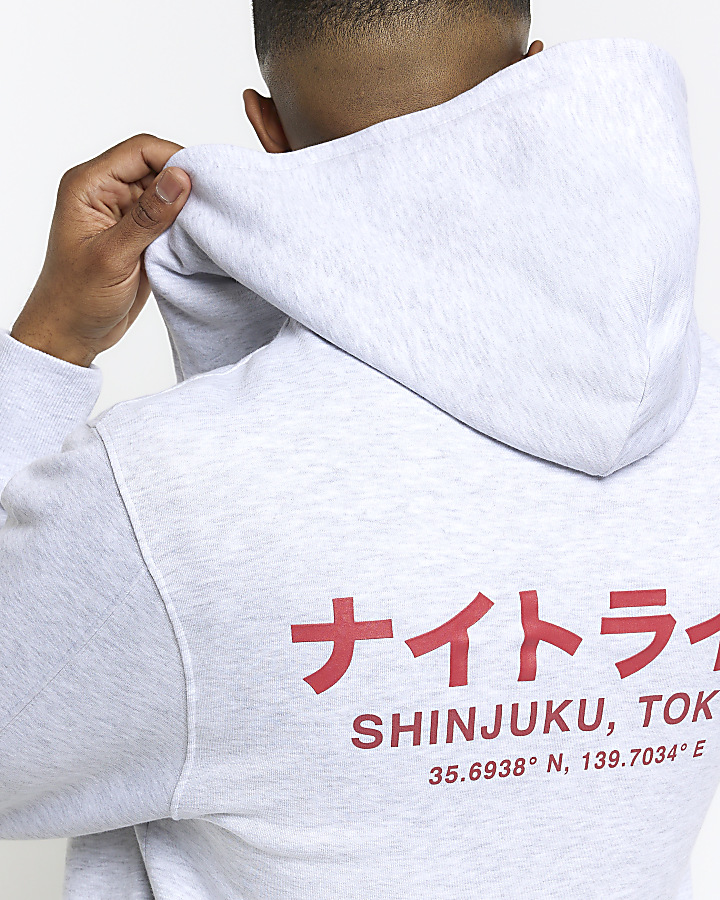Ecru regular fit Japanese graphic hoodie