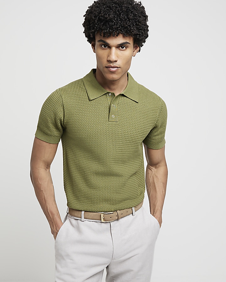 Green Slim Fit Textured Knit Polo