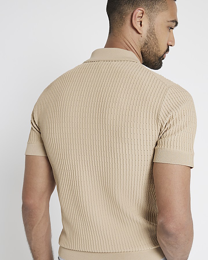 Brown muscle fit knitted half zip polo