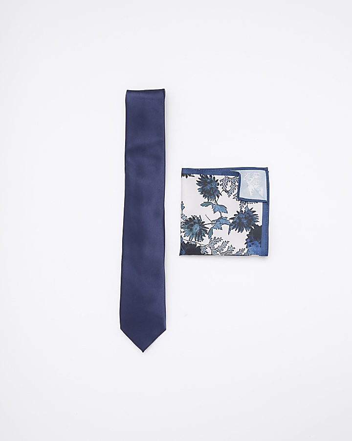 Navy satin floral tie and handkerchief set