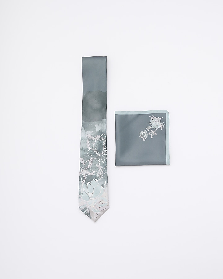 Navy floral tie and handkerchief set