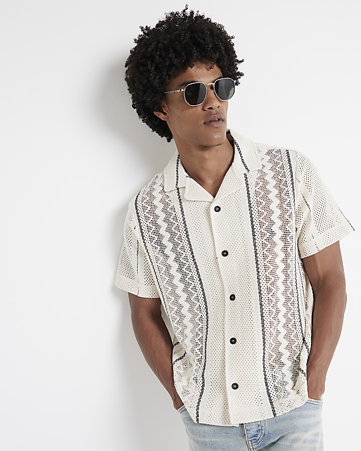 White regular fit crochet stripe revere shirt