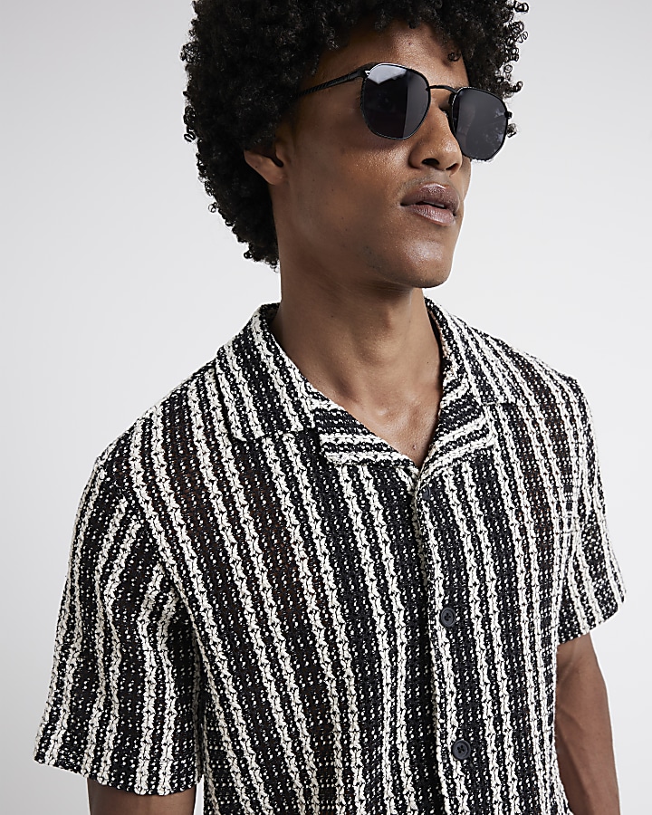 Black regular fit crochet stripe revere shirt