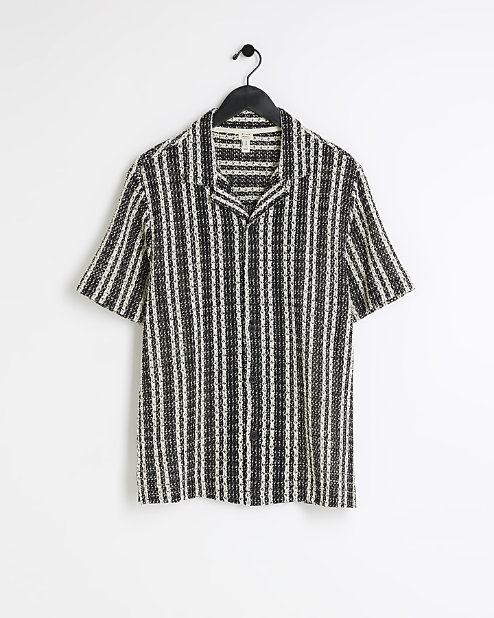 Black regular fit crochet stripe revere shirt