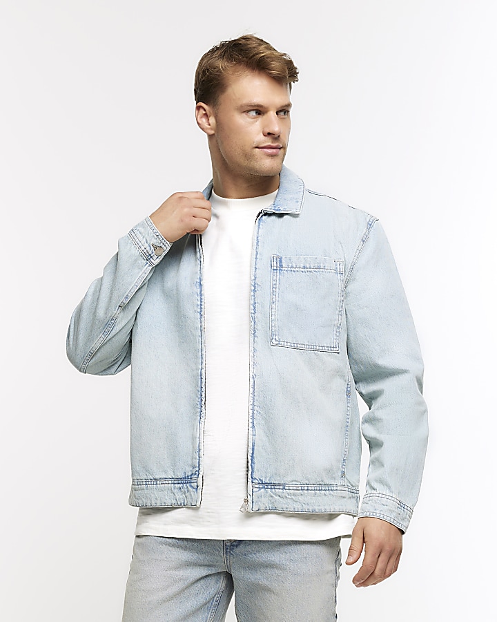 Mens light blue denim jacket with fur clearance collar