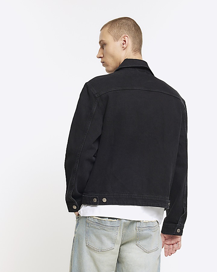 Black regular fit zip up denim jacket River Island