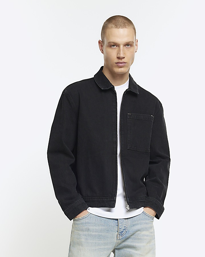 Black regular fit zip up denim jacket | River Island