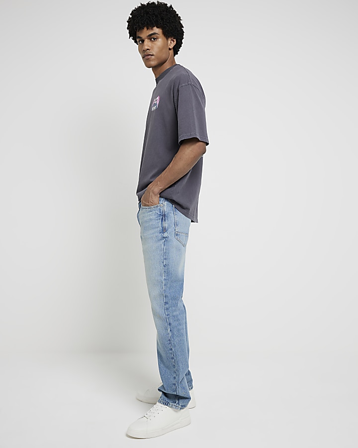 Blue straight fit faded jeans