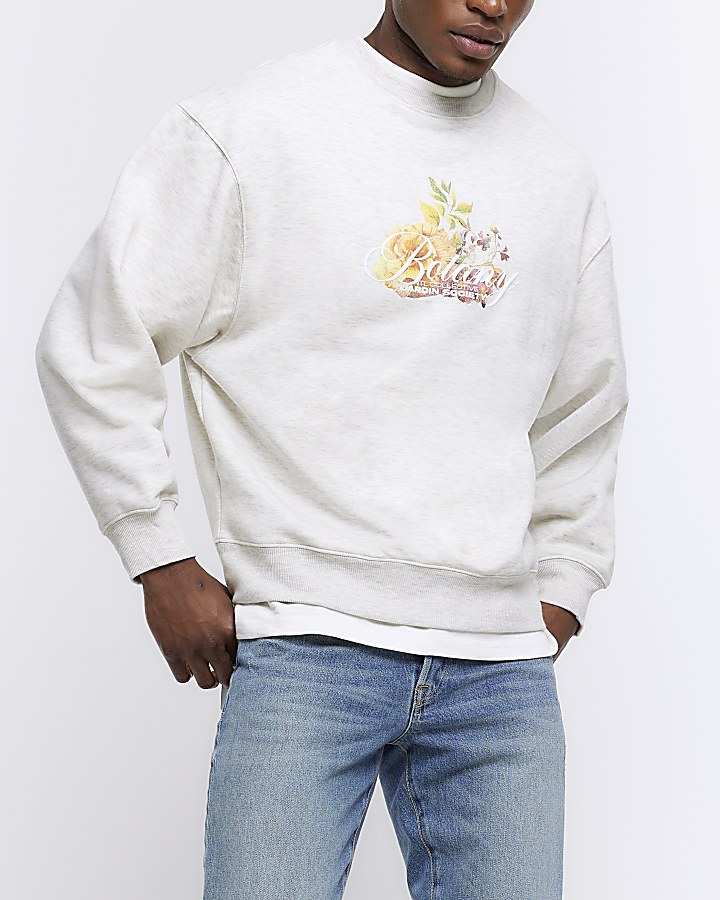Beige regular fit floral graphic sweatshirt