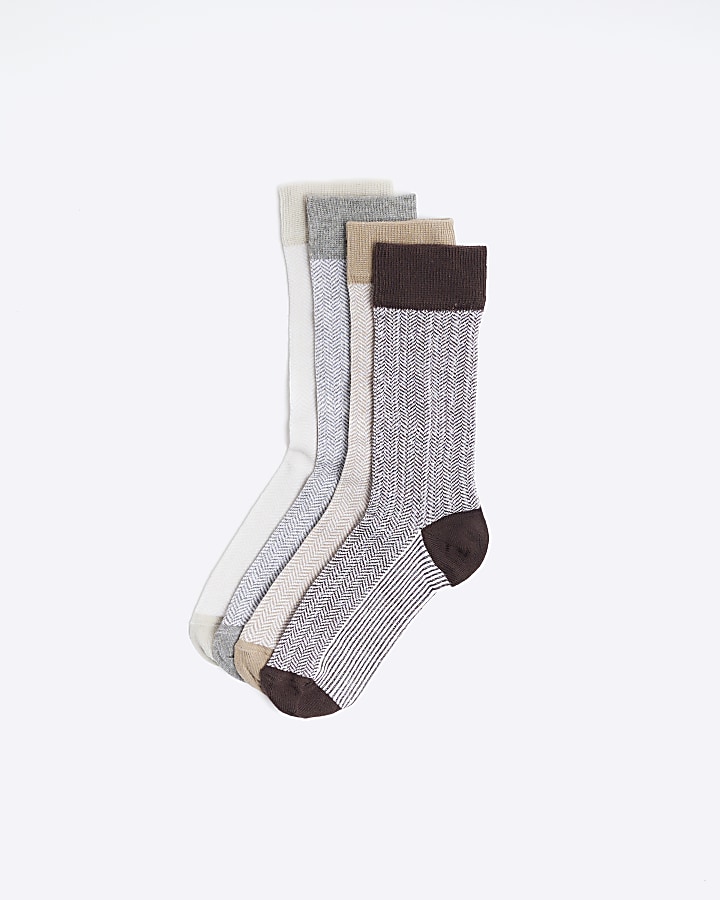 5PK beige textured ankle socks